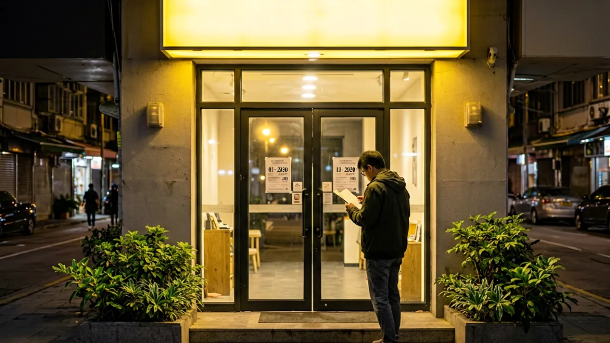 夜晚街景中的成人影院入口，暖黄色灯箱招牌照亮门前台阶，路人在玻璃门前驻足查看营业信息
