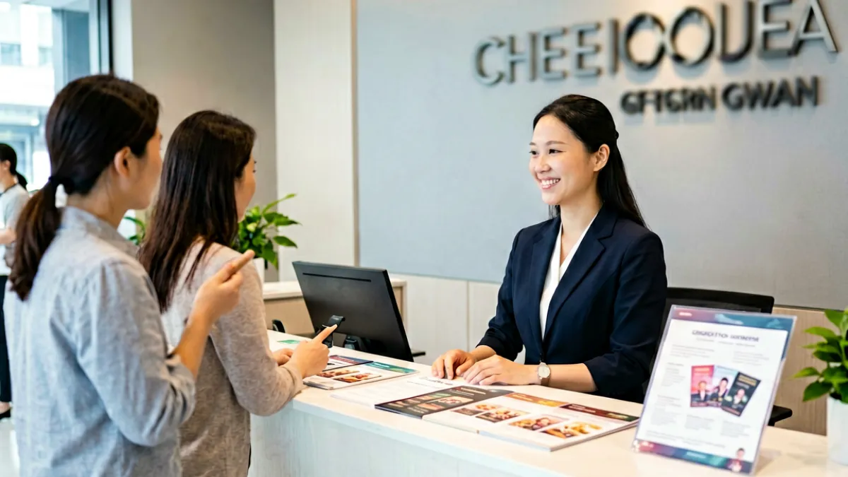 成人影院前台接待区域，工作人员正在为到访顾客引导入座，墙面装饰现代简约